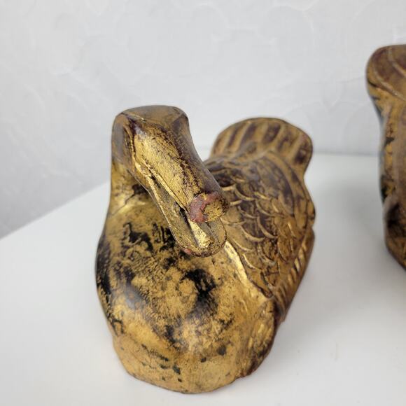 Vintage Carved Italian Wood Ducks Gold Brown 12" 8" Statues‎ 1960s Gilded Large - Picture 13 of 16